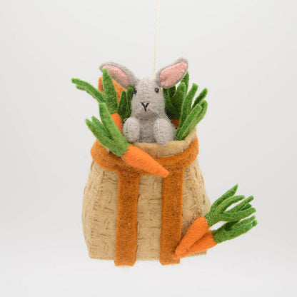 Fair trade felt ornament with bunny and carrots in basket – spring nature-inspired decor