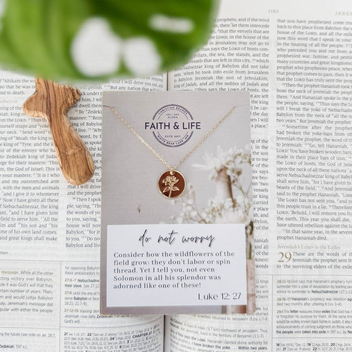 "Consider The Wildflowers" Dainty 14k Gold Inspirational Bible Verse Necklace