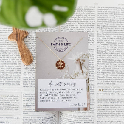 "Consider The Wildflowers" Dainty 14k Gold Inspirational Bible Verse Necklace