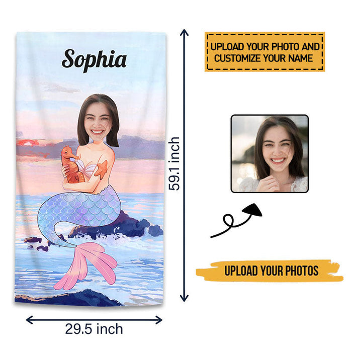 Custom Photo - Beach Themed Mermaid Summer Beach Towel - Summer Customized Beach Towel - Personalized Custom Beach Towel