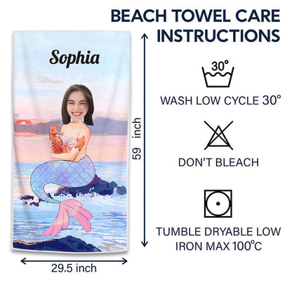 Custom Photo - Beach Themed Mermaid Summer Beach Towel - Summer Customized Beach Towel - Personalized Custom Beach Towel
