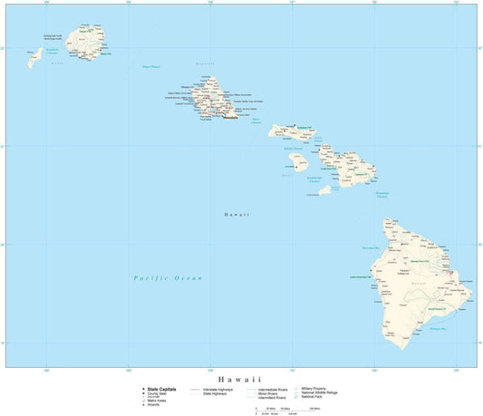 Detailed Hawaii Digital Map with County Boundaries, Cities, Highways, and more