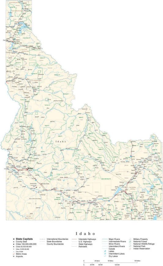 Detailed Idaho Cut-Out Style Digital Map with County Boundaries, Cities, Highways, and more