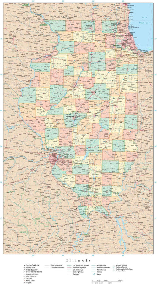 Detailed Illinois Digital Map with Counties, Cities, Highways, Railroads, Airports, and more