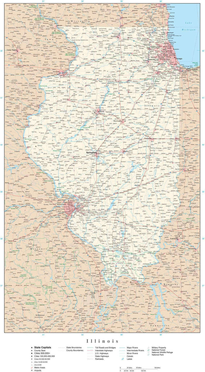 Detailed Illinois Digital Map with County Boundaries, Cities, Highways, and more