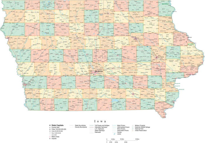 Detailed Iowa Cut-Out Style Digital Map with Counties, Cities, Highways, and more