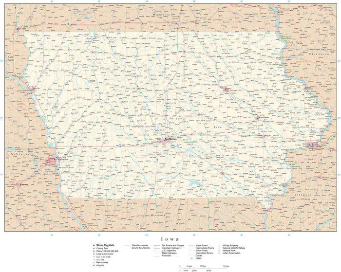 Detailed Iowa Digital Map with County Boundaries, Cities, Highways, and more