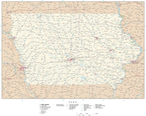 Detailed Iowa Digital Map with County Boundaries, Cities, Highways, and more