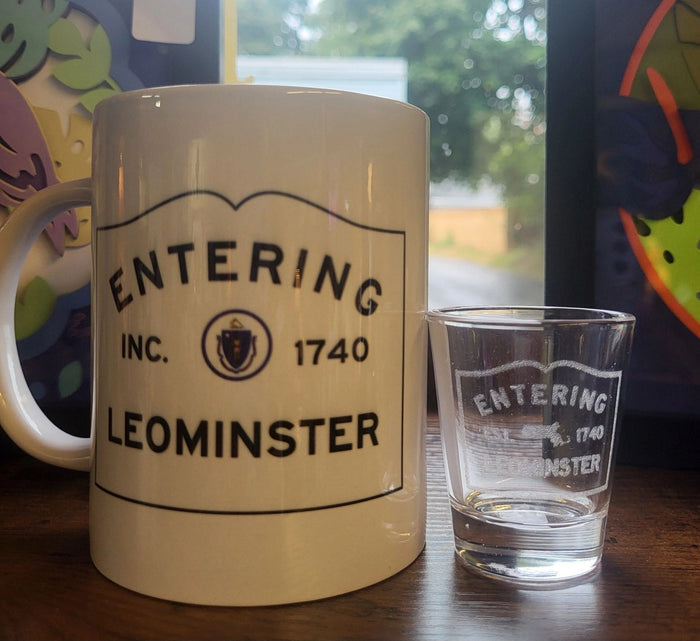Entering Leominster Etched Shot Glass 2 oz. - Potpourri Gift Shop