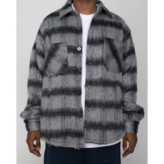 EPTM Side Slit Flannel Button Up in Charcoal with front view, showing button details and side slits