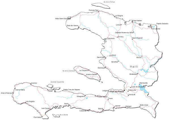 Haiti Black & White Map with Capital, Major Cities, Roads, and Water Features