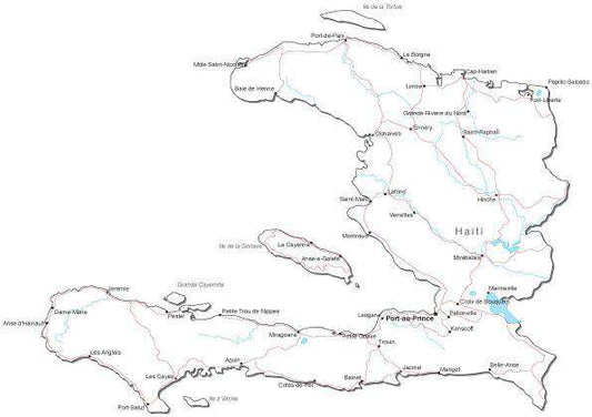 Haiti Black & White Map with Capital, Major Cities, Roads, and Water Features