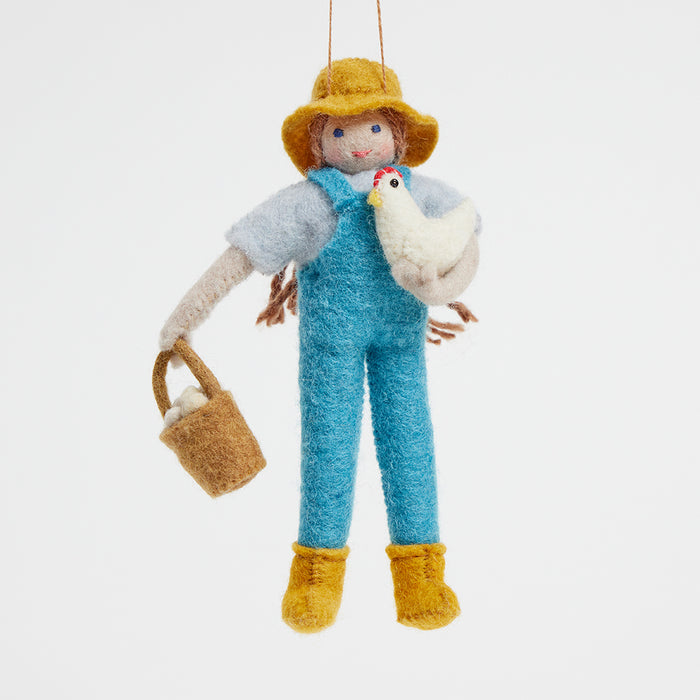 Felt farmer with chicken and egg basket – handmade wool ornament for fall, Thanksgiving, or holiday tree displays.