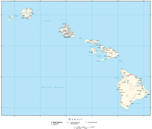 Hawaii Map with Capital, County Boundaries, Cities, Roads, and Water Features