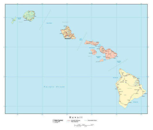 Hawaii Map with Counties, Cities, County Seats, Major Roads, Rivers and Lakes