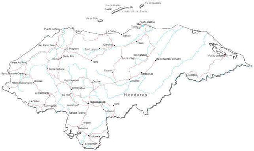 Honduras Black & White Map with Capital, Major Cities, Roads, and Water Features