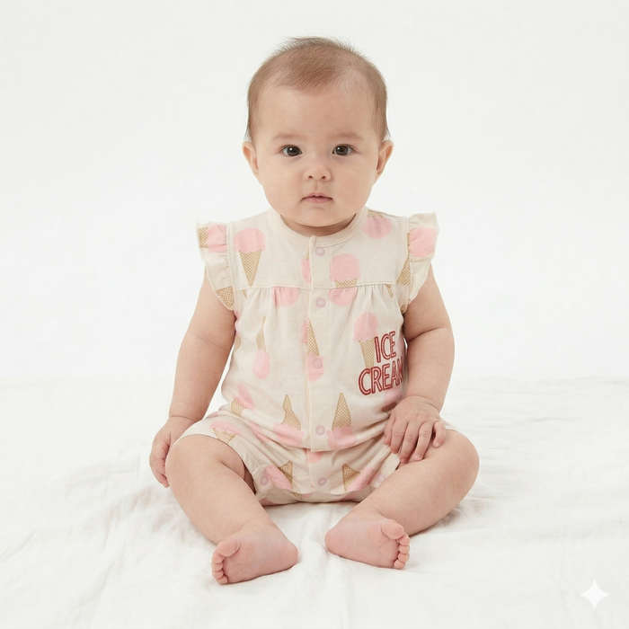 Ice Cream- Half Sleeve- Summer Romper Off white