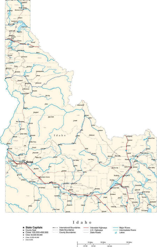 Idaho Map - Cut Out Style - with Capital, County Boundaries, Cities, Roads, and Water Features