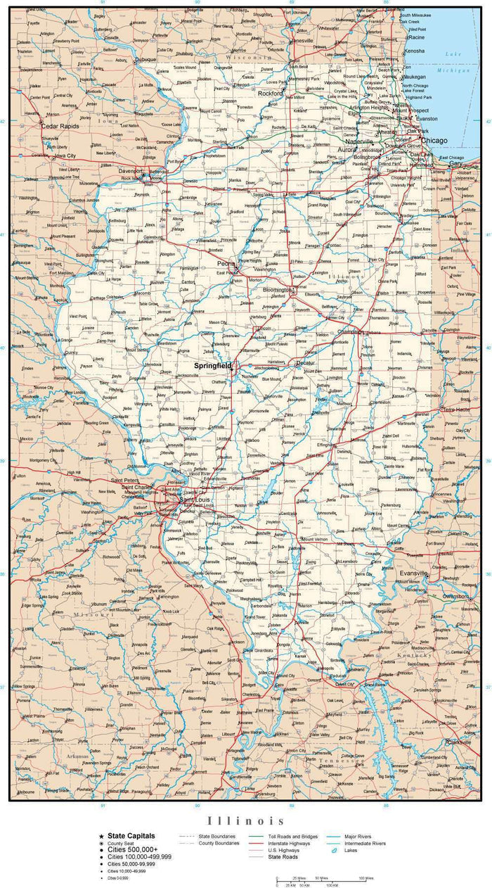 Illinois Map with Capital, County Boundaries, Cities, Roads, and Water Features