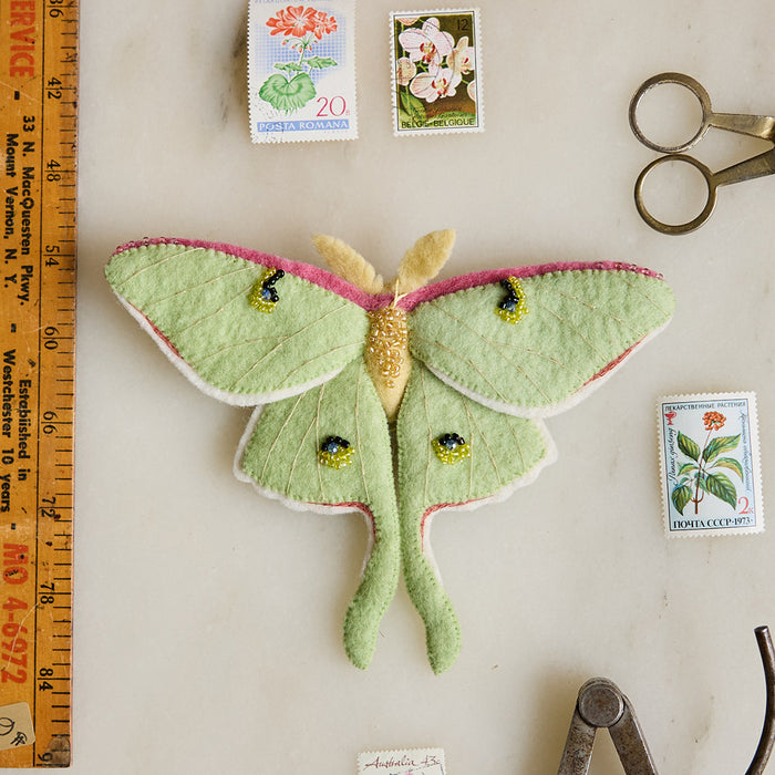 Symbolic felt Luna Moth ornament representing rebirth and moonlit transformation