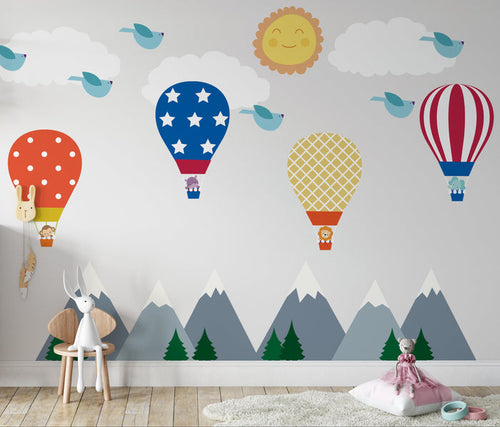Kids Wall Decals Mountains Hot Air Balloons Clouds Birds Sun, Wall Stickers, Nursery Decor, Made in Canada | Pippa + June