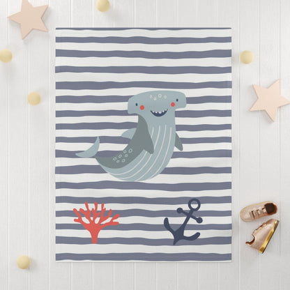 Boys Blanket Blue Striped Ocean Shark, Boys Throw Blanet, GirlsBoys Bedding, Baby Boys Toddler Binkie | Pippa + June