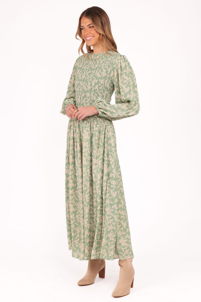 Ashara Long Sleeve Midi Dress - Green Floral