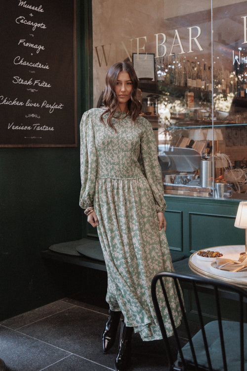 Ashara Long Sleeve Midi Dress - Green Floral
