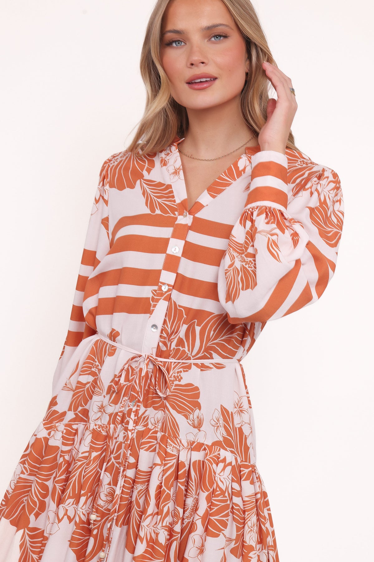 Jules Long Sleeve Dress - White/Orange