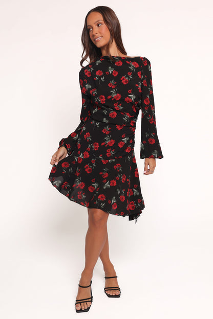 Mariska Long Sleeve Mini Dress - Rose Print