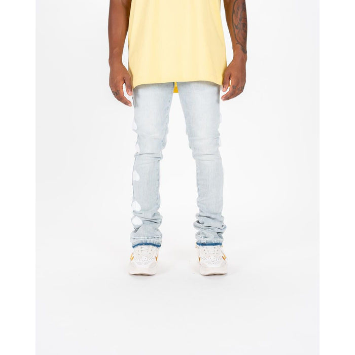 Light sand blue flare stack denim jeans with PHEELINGS 'Heartbeat of Success' logo embellishment