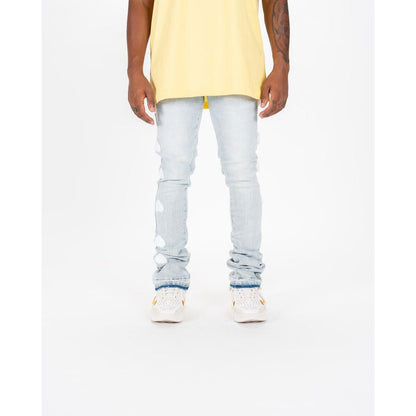 Light sand blue flare stack denim jeans with PHEELINGS 'Heartbeat of Success' logo embellishment