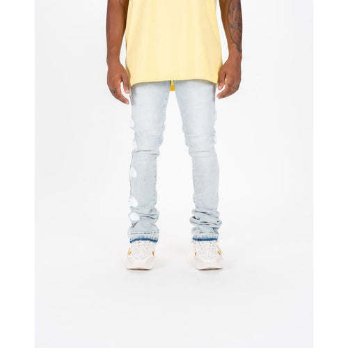 Light sand blue flare stack denim jeans with PHEELINGS 'Heartbeat of Success' logo embellishment