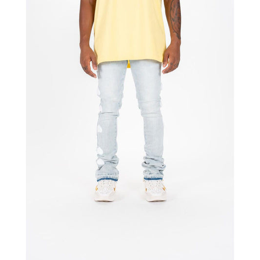 Light sand blue flare stack denim jeans with PHEELINGS 'Heartbeat of Success' logo embellishment