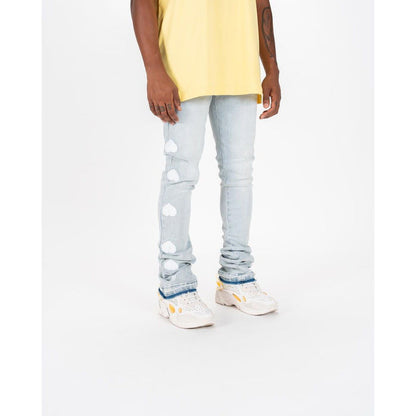 Close-up of PHEELINGS Heartbeat of Success Light Sand Blue Flare Stack Denim, featuring a unique light sand blue flare stack design