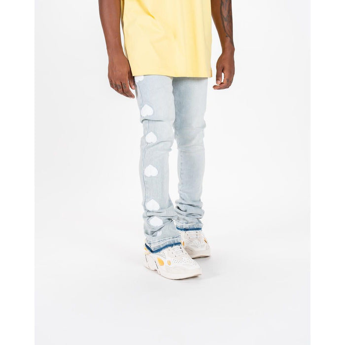 Close-up of the front pockets and zipper of PHEELINGS Heartbeat of Success Light Sand Blue Flare Stack Denim