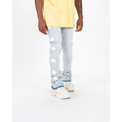 Close-up of the front pockets and zipper of PHEELINGS Heartbeat of Success Light Sand Blue Flare Stack Denim
