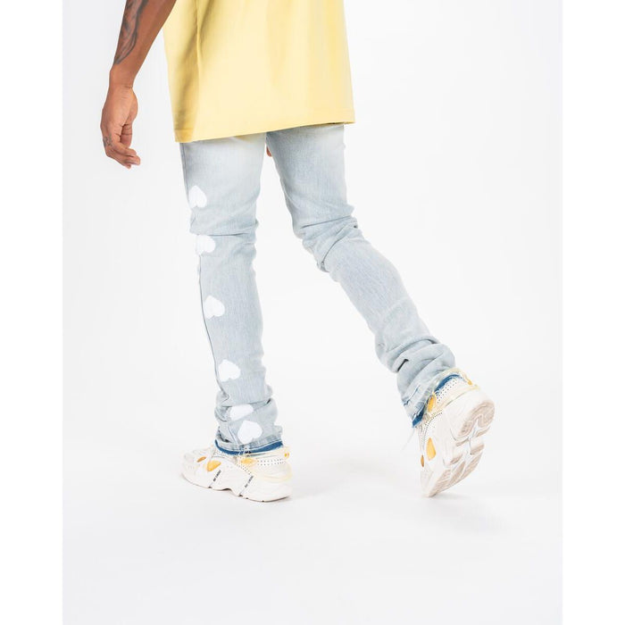 Light sand blue flare stack denim jeans with PHEELINGS Heartbeat of Success design
