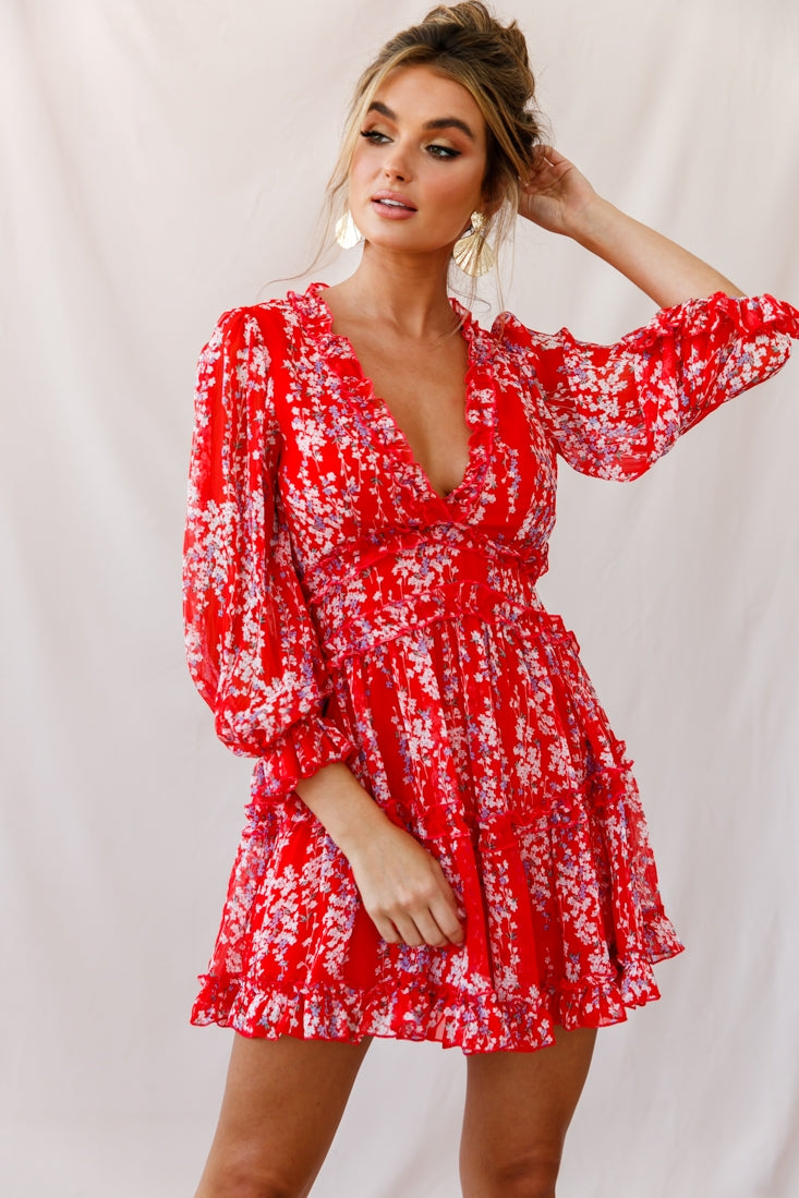 Laney Cutout Back Ruffle Detail Floral Dress Red