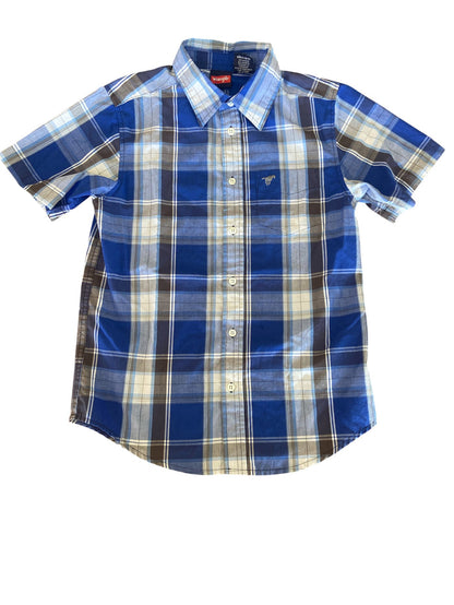 Pre-Loved Youth Wrangler Blue Plaid Button Up Shirt *Youth L 10/12 - Deer Creek Mercantile