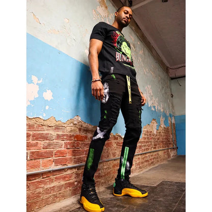 Stylish and comfortable hand-painted green denim jeans for men