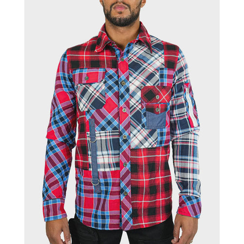 PREME Drifter Multi Red Flannel Button Up (PR-WT-051) on hanger in natural light