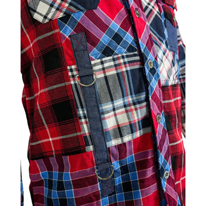 Model wearing PREME Drifter Multi Red Flannel Button Up with rolled-up sleeves