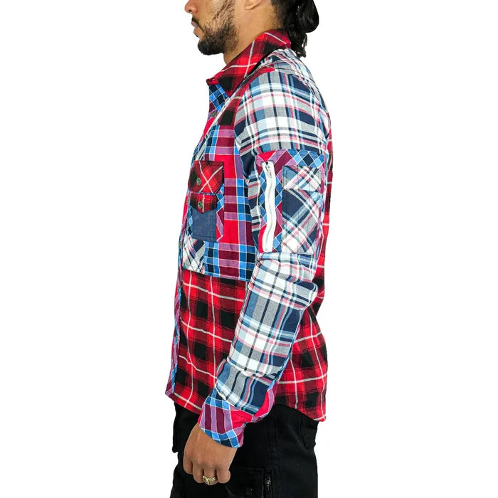 PREME Drifter Multi Red Flannel Button Up shirt with front pocket and button-up sleeves