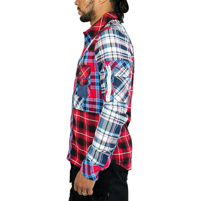 PREME Drifter Multi Red Flannel Button Up shirt with front pocket and button-up sleeves