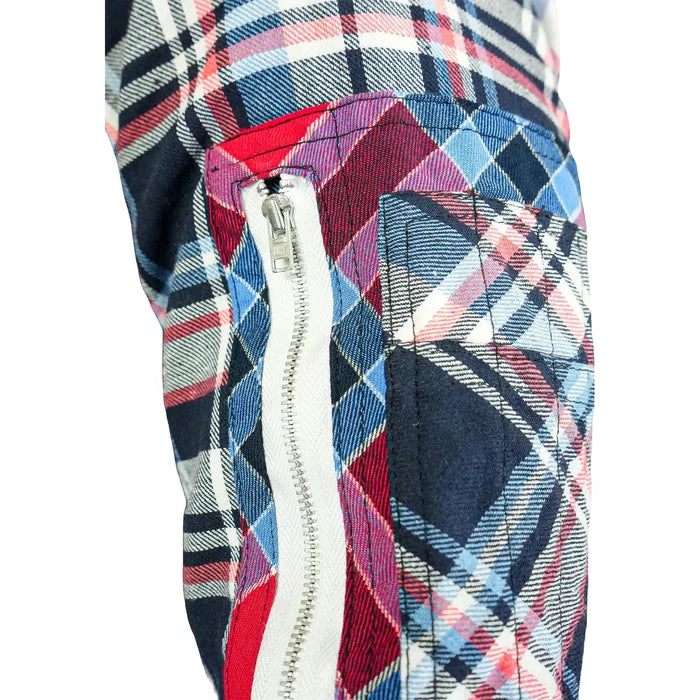 PREME Drifter Multi Red Flannel Button Up styled with denim jeans and sneakers