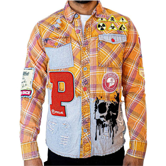 Preme Nomad Knit Multi Color Flannel Button Up shirt in blue, red, and white plaid pattern