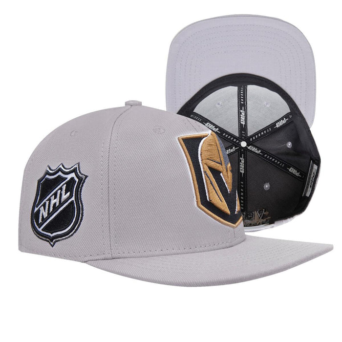 Front view of Pro Standard Vegas Golden Knights Wool Snapback Hat in Grey color with team logo embroidery and adjustable snapback closure