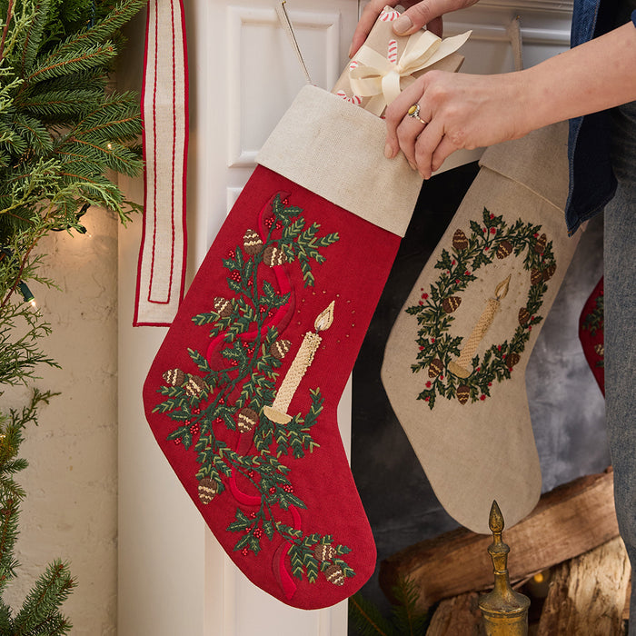 Red Candle Garland Linen Stocking