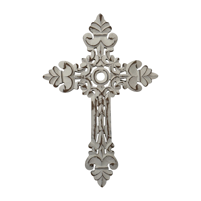 San Raul Fleur Carved MDF Wall Cross-Distressed White